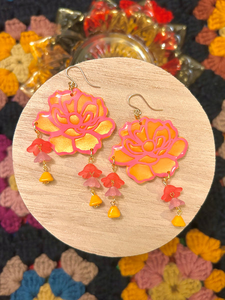 Orange Peony Flower Earrings