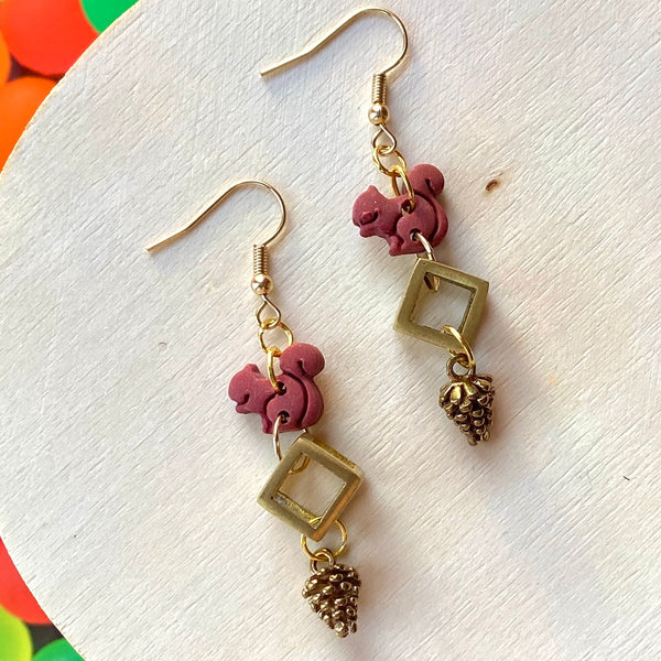 Red Squirrel and Pinecone Earrings